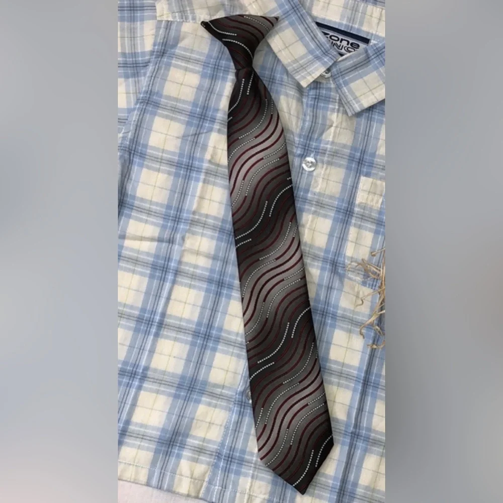 Boys Easy Clip-on Tie Gray Red White 15” Easy On-off Church Party Holiday